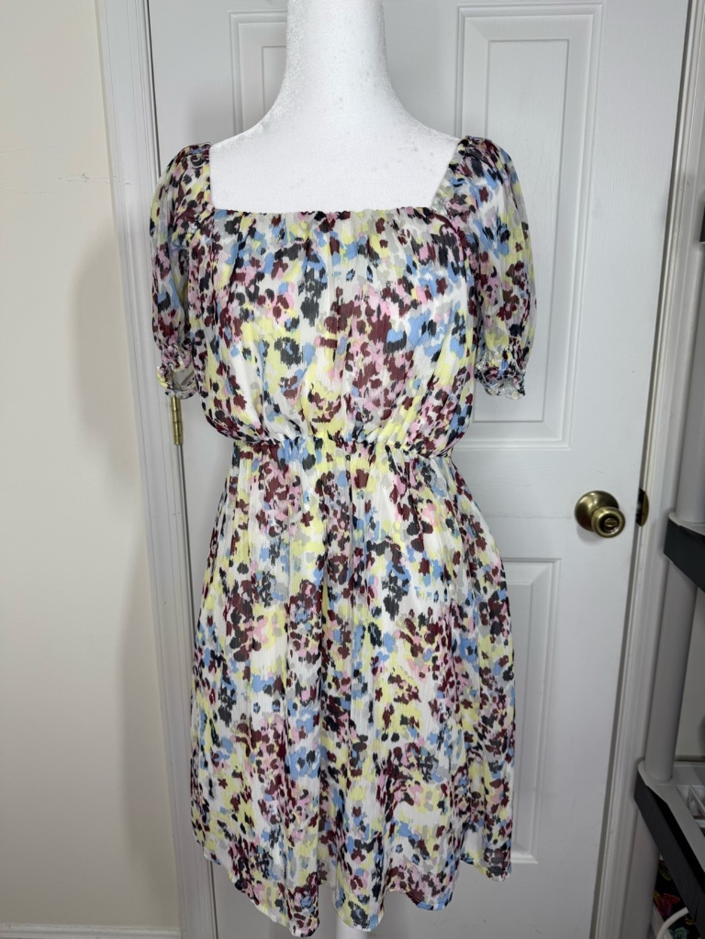 Banana Republic Yellow Multi Square-Neck Puff Sleeve Midi Dress